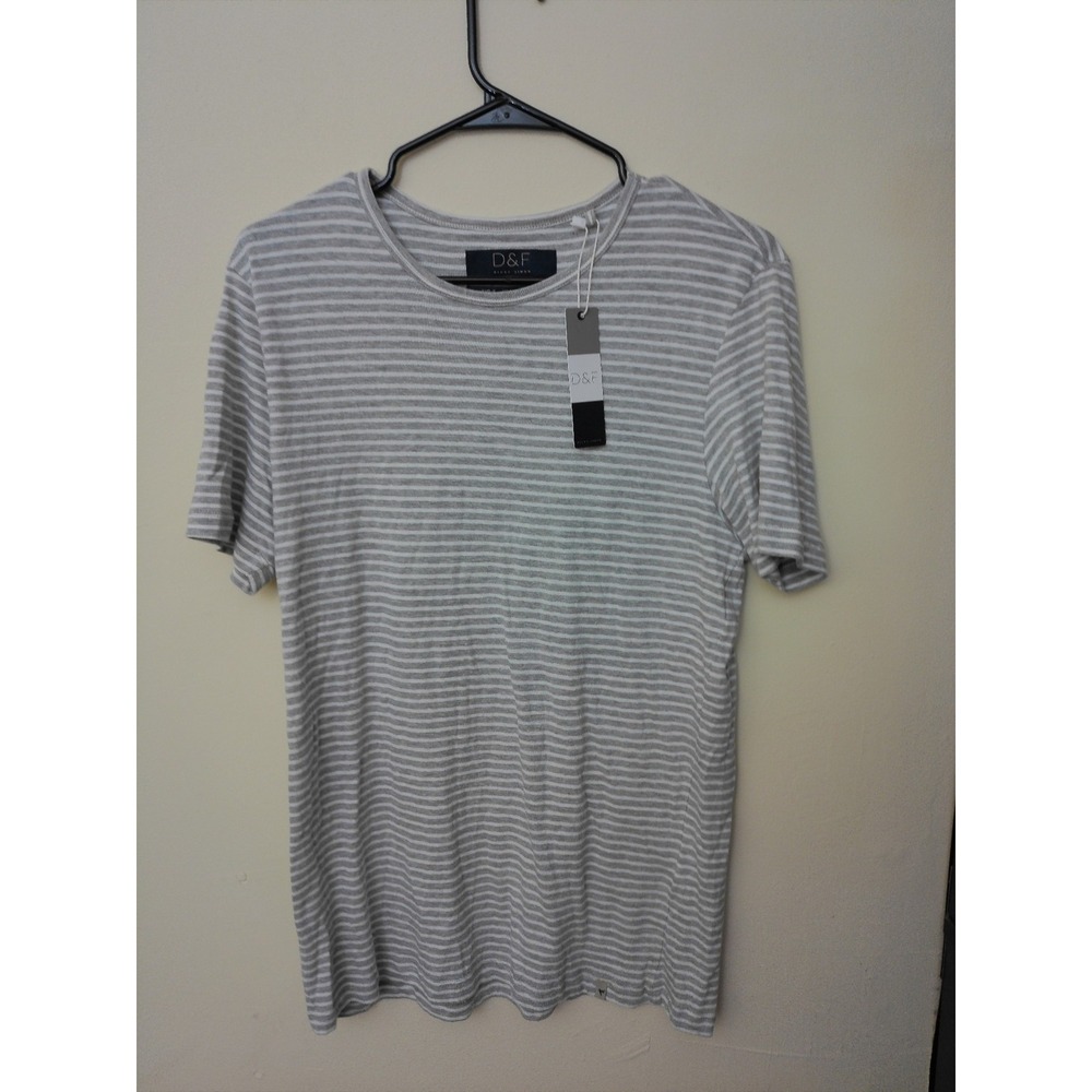 D&F Ricky Singh T-Shirt Mens Gray White Striped Short Sleeve Size S NWT